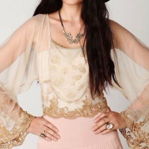 Free People Elegant Sheer Top with Gold Detailing Size SP